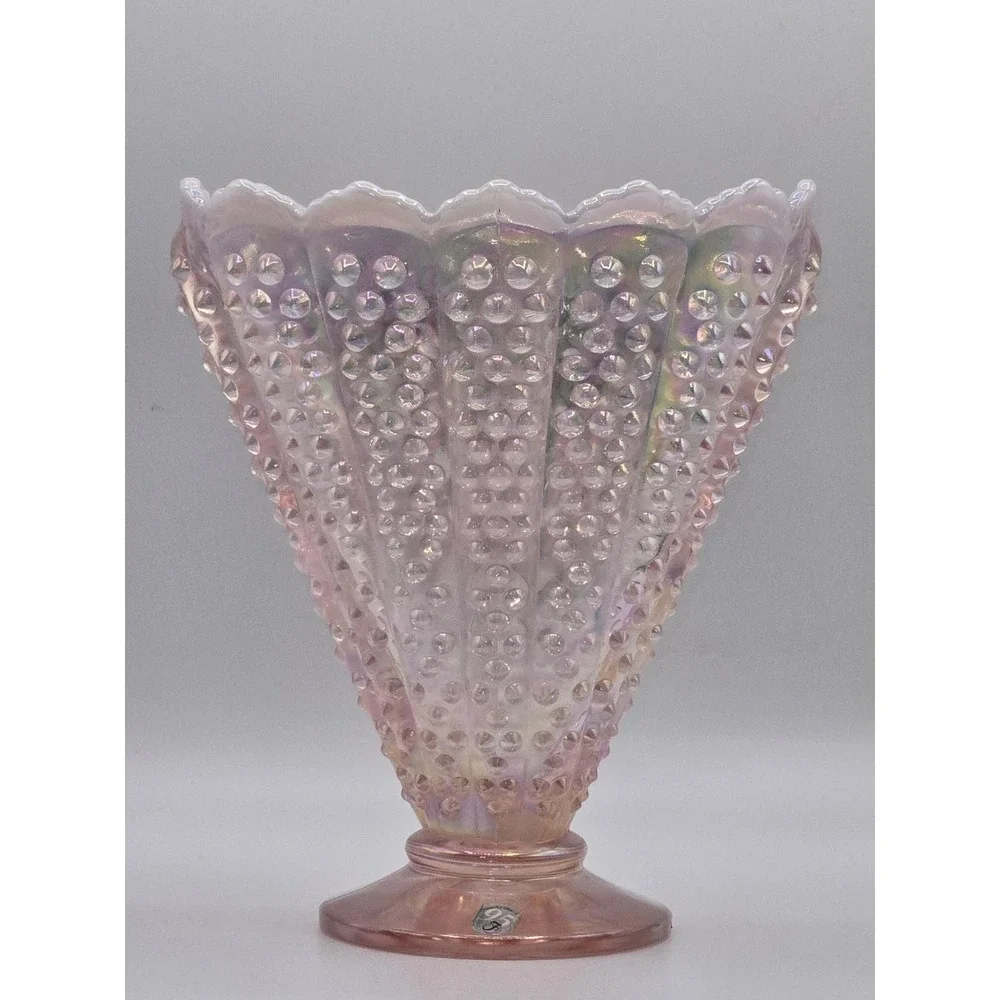 Fenton Glass 95th Anniversary Iridized Pink Opalescent Hobnail‎ Fan Vase 8